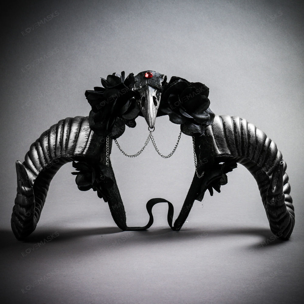 Gothic Demon Raven Skull Large Horn & Rose Headband - Black Silver